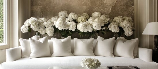 Poster - Elegant white sofa adorned with soft white pillows against neutral wall featuring lush hydrangeas creating a serene minimalistic decor setting.