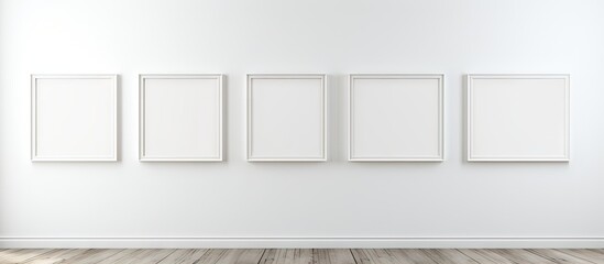 Poster - Empty white frames aligned horizontally on a light blue wall, creating a minimalist and modern aesthetic with wooden floor beneath.