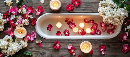 Fototapete - Serene bathtub filled with water and floating candles surrounded by vibrant petals and flowers on rustic wooden background ideal for relaxation