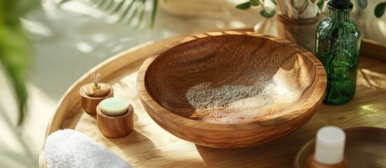 Poster - Natural wooden bowl on a wooden tray beside green bottles and small containers, surrounded by soft textures and plant greenery, evoking serenity.