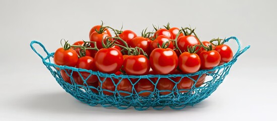 Poster - Fresh red tomatoes artfully arranged in a vibrant blue wire basket highlighting the rich red color and unique basket design against a neutral backdrop.