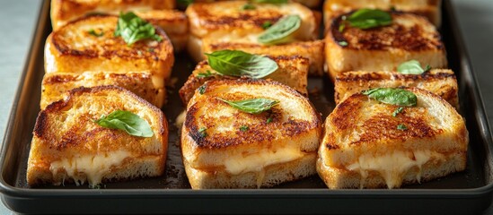 Poster - Golden brown grilled cheese sandwiches topped with fresh basil arranged neatly on a black baking tray against a soft white background.