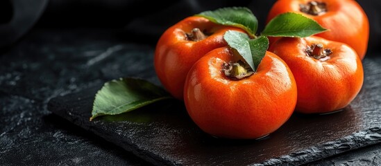 Poster - Vibrant orange persimmons with green leaves arranged on a textured dark stone surface creating a striking contrast and visual appeal.