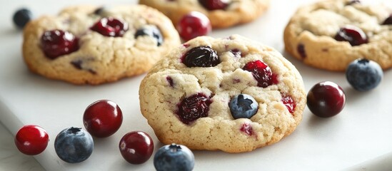 Poster - Freshly baked cookies with blueberry and cranberry on a white board, showcasing vibrant red and blue berries against a light background.