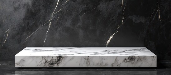 Poster - Sleek white marble podium with subtle gray veins positioned centrally against a dark textured background ideal for showcasing premium products