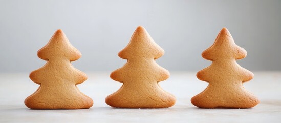 Poster - Gingerbread cookies shaped as Christmas trees in a row on a light wooden surface evoking a festive atmosphere for holiday celebrations
