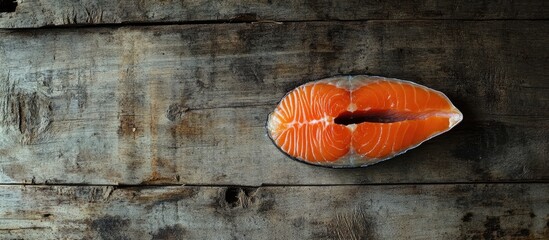 Poster - Fresh salmon steak fillet in vibrant orange hue on rustic wooden background showcasing rich textures and culinary appeal for gourmet presentations