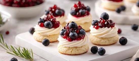 Poster - Delicious blueberry and cranberry topped cookies arranged on a white board with fresh blueberries and cranberries scattered around.