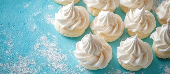 Poster - Almond meringue cookies arranged on a vibrant blue surface displaying their fluffy white texture and delicate peaks with a hint of powdered sugar.