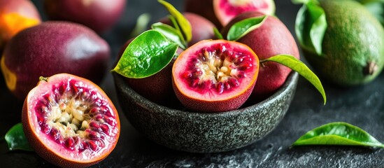 Fototapete - Vibrant passion fruits halved in a dark bowl with green leaves on a textured surface showcasing rich purple, green, and earthy tones.