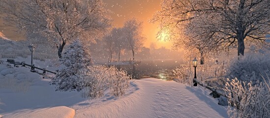 Poster - Serene winter landscape featuring a sunlit snowy ground with snow-covered trees on either side illuminated by warm golden light in the background