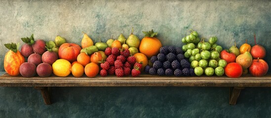 Fototapete - Colorful assortment of fresh fruits including oranges, apples, grapes, and berries arranged on a rustic wooden shelf against a textured blue-green background.