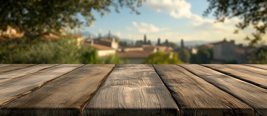 Poster - Wooden tabletop with textured gray planks set in the foreground, featuring a softly blurred outdoor sky backdrop with greenery and distant buildings.