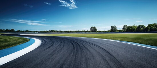 Poster - Vast empty race track curving left under clear blue sky with green grass and trees on horizon creating a tranquil reflective atmosphere