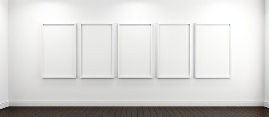 Poster - Empty white gallery space with four framed blank canvases aligned symmetrically against a smooth white wall and dark wooden floor background.