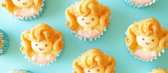 Poster - Homemade baked cheesecakes shaped like curly girls arranged on a pale teal background in colorful silicone muffin tins creating an appealing dessert scene