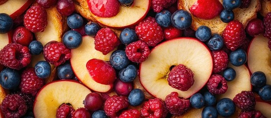 Poster - Vibrant French toast with red apple slices and an assortment of fresh berries including raspberries and blueberries on a wooden background