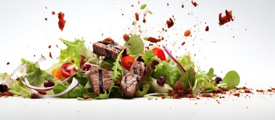 Aufkleber - Colorful salad with grilled steak pieces scattered amidst vibrant greens, cherry tomatoes, and sliced onions, against a bright white background.