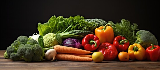 Aufkleber - Colorful variety of fresh vegetables including broccoli carrots bell peppers and lettuce arranged on a wooden surface with dark background
