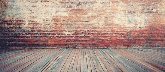 Aufkleber - Vintage red brick wall with a wooden decking floor in an empty room providing ample copy space for interior design concepts and creative ideas.
