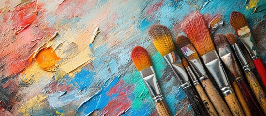 Aufkleber - Vibrant array of paintbrushes arranged on a colorful textured canvas showcasing warm tones of orange and soft blues creating artistic inspiration