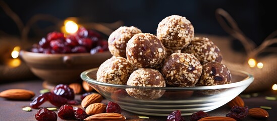 Poster - Homemade raw vegan protein energy balls with sesame seeds and dried cranberries arranged in a glass bowl against a dark background with warm lights.
