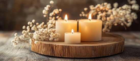 Poster - Candle holder with three lit candles on a round wooden plate surrounded by dried flowers against a rustic wooden background exuding warmth and charm