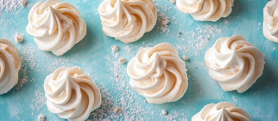 Poster - Homemade almond meringue cookies elegantly arranged on a vibrant blue background highlighting their swirled texture and delicate sweetness