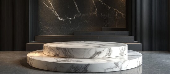 Aufkleber - Elegant round marble podium in white and gray tones positioned centrally against a dark textured background ideal for premium product displays.