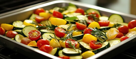 Aufkleber - Vibrant roasted zucchini salad with bright cherry tomatoes and fresh herbs in a silver tray, showcasing green, red, and yellow colors for a healthy dish.