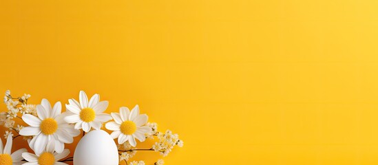 Poster - White Easter egg surrounded by white daisies on vibrant yellow background, featuring soft shadows, conveying a joyful spring theme.
