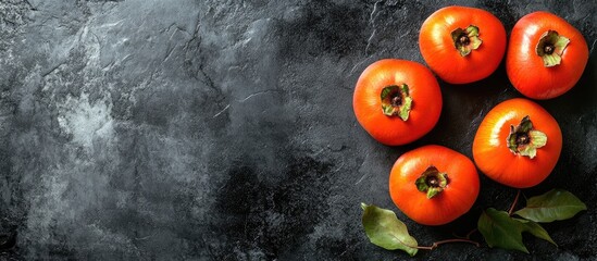 Poster - Vibrant ripe persimmons in an arrangement on a dark textured stone background showcasing rich orange colors with green leaves on the side