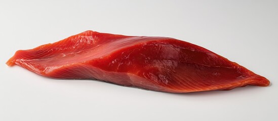 Poster - Vibrant raw salmon fillet with rich red hues on a clean white background highlighting its texture ideal for culinary presentations