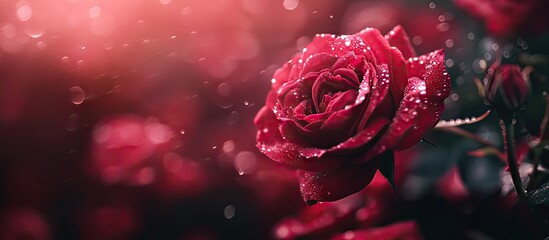 Poster - Vibrant red rose with dew drops on velvety petals, positioned right with a blurred dark green background, soft light creating an enchanting atmosphere