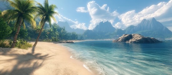 Aufkleber - Tranquil deserted beach scene featuring soft white sands and palm trees in the foreground with majestic mountains and clear blue waters in the background