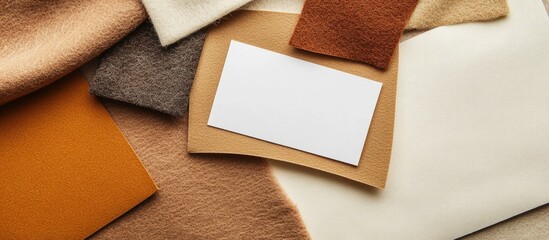 Aufkleber - neutral felt sheets in earthy tones with an empty white label at center, angled view for copy space,