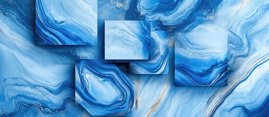 Leinwandbilder - Abstract blue background with fluid marble patterns and square elements in varying shades of blue and hints of gold adds sophistication and depth.