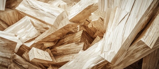 Leinwandbilder - Closeup of unfinished wooden pieces with natural grain patterns in light beige tones; random arrangement creating depth and texture in the background.