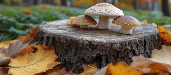 Poster - Mushrooms on tree stump surrounded by autumn leaves featuring warm browns and yellows with a blurred forest background in soft focus.