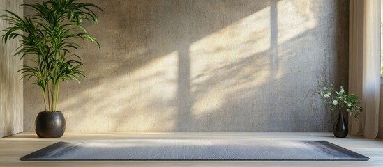 Poster - Modern minimalist interior with a gray rug on wooden floor, green plant in black pot, sunlight casting shadows on a textured wall.