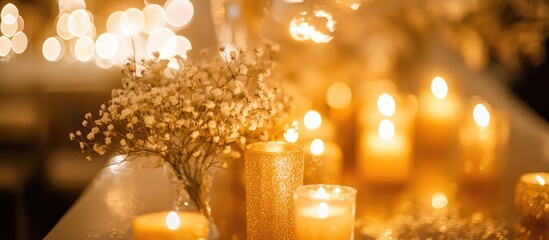 Aufkleber - Golden wedding anniversary celebration with soft warm golden candlelight and delicate white flowers in the foreground creating an elegant atmosphere