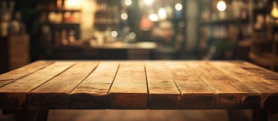 Aufkleber - Inviting rustic wooden tabletop positioned centrally against a softly blurred warm-toned kitchen background, ideal for showcasing culinary versatility.
