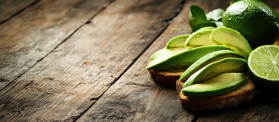 Poster - Ripe avocado and lime slices artfully arranged on a rustic wooden table emphasizing fresh colors and textures for a healthy lifestyle theme
