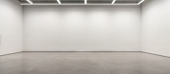 Aufkleber - Minimalist art gallery interior showcasing empty white walls with sleek concrete floor and modern lighting, creating a spacious and tranquil ambiance.