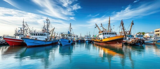 Aufkleber - Vibrant fishing harbor scene with colorful boats in blue and yellow, reflecting calm waters under a bright blue sky and scattered clouds.
