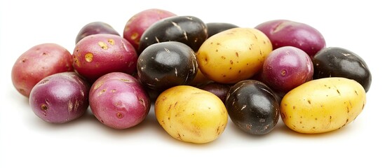 Aufkleber - Assorted fresh potatoes in shades of purple, yellow, and brown placed on a white backdrop showcasing their natural beauty and freshness.
