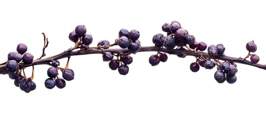 Poster - Dry branch with vibrant purple berries on a white background, showcasing the delicate details of the berries positioned along the branch.