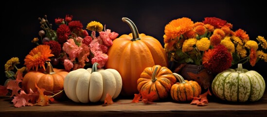Poster - Vibrant autumn decor featuring orange and white pumpkins surrounded by colorful flowers and fall leaves on a wooden surface with dark background.