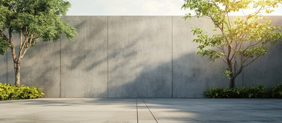 Poster - Modern outdoor space featuring a concrete wall illuminated by sunlight with lush green trees on the left and right sides casting shadows.