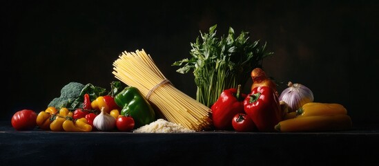 Poster - Vibrant Italian spaghetti primavera with colorful vegetables including red peppers and green asparagus arranged on a dark backdrop for culinary appeal